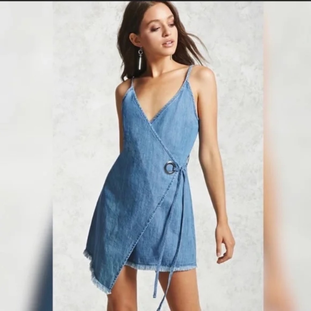 Forever 21 Contemporary Denim Chambray Wrap-Front Raw Hem Dress